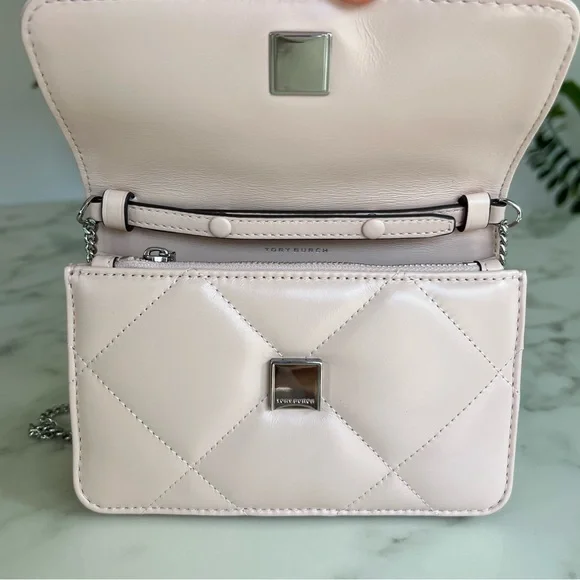 Tory Burch Kira Mini Quilted Leather Top Handle Crossbody Bag w/ Chain Soft Pink